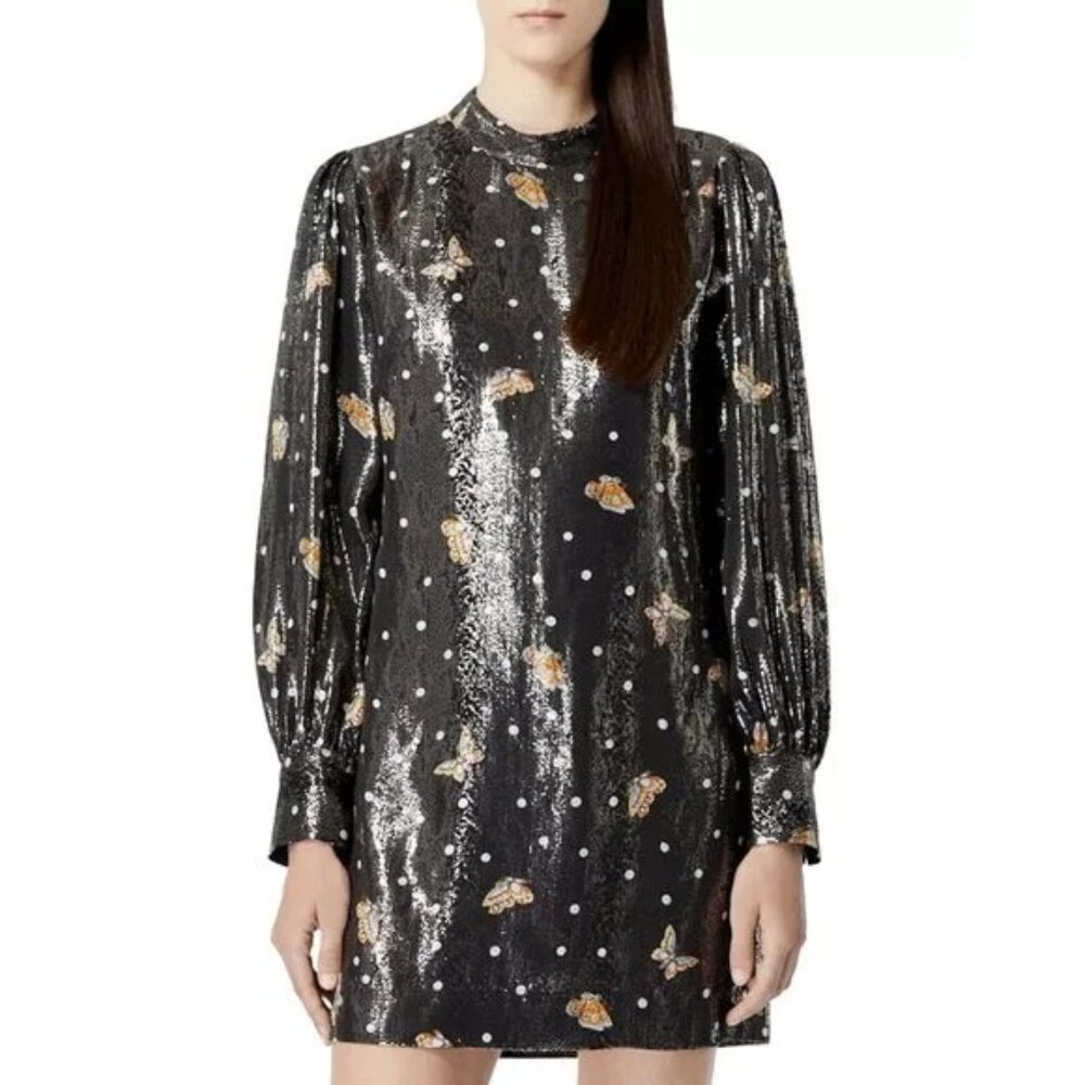 THE KOOPLES Short Silk-Blend Lamé Butterfly Dress Black NWT